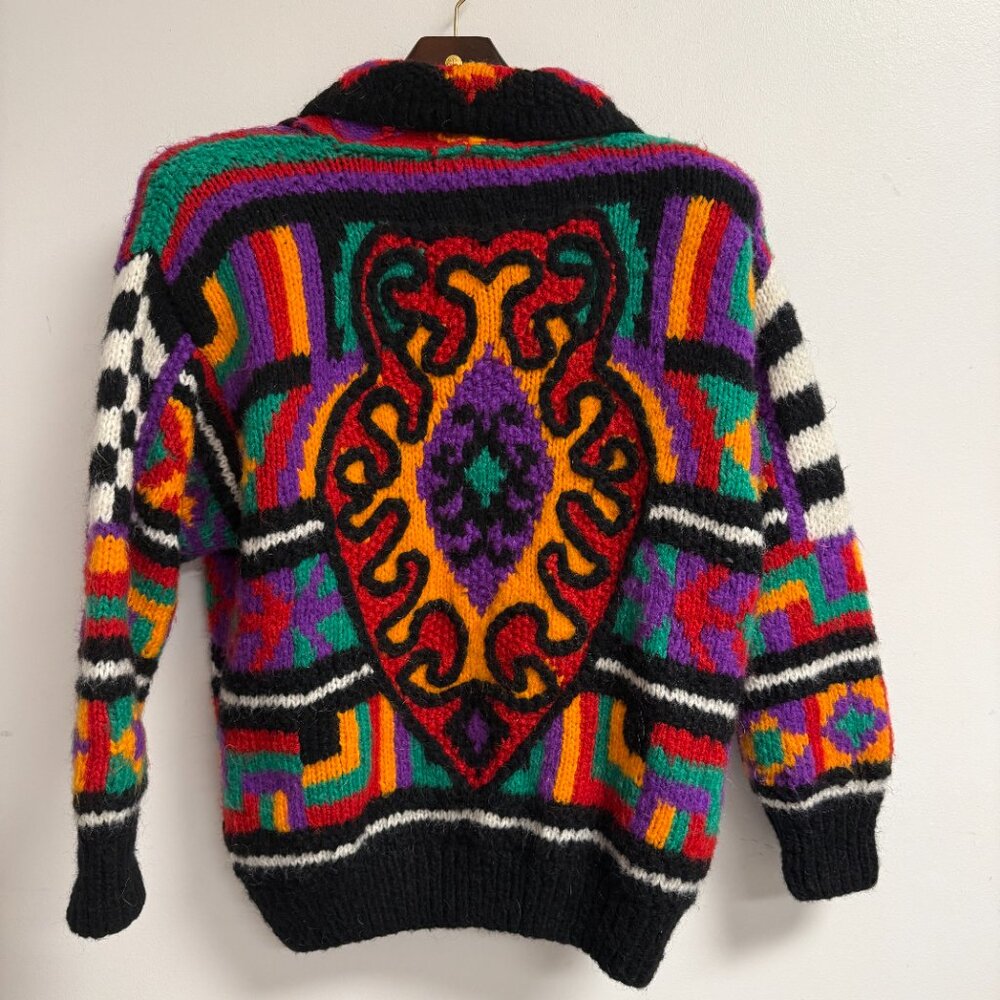 Vintage 90s Bright Print Wool Blend Chunky Oversized Cardigan Sweater Geometric - Picture 8 of 10